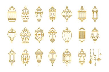 Ramazan feneri. Geleneksel Arap fenerleri. Doğulu Müslümanlar yıldızlı, aylı, dekorlu altın fenerler asıyorlar. İslam lambası. Ramazan Kareem sembol vektörü belirlendi.
