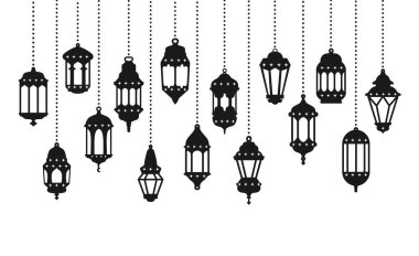 Ramazan feneri pankartı. Silüet fenerlerle Arap sınırı. Dekoratif asma lambalı kutlama afişi. Doğu kökenli. Ramazan Kareem vektör kavramı.