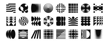 Y2k şekilleri. Soyut gaddar logo, yansıması ve deformasyonu olan postmodern grafik elementler, 70 'lerin modası geçmiş postmodern Bauhaus geometrik şekli. Y2k vektör izole koleksiyonu.
