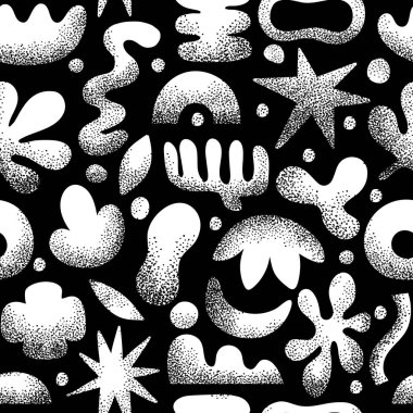 Doodle shapes seamless pattern. Naive abstract shape on black background. Hand drawn noisy grain shape silhouette. Nature objects and elements texture. Vector print. clipart