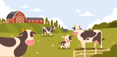 İnek sütü çiftliği. İneklerle dolu kırsal alan. Çayır üzerinde hayvanların olduğu bir çizgi film sahnesi. Süt çiftliği. Çiftlik ahırı ve tarlası olan bir tarım geçmişi. Vektör kavramı.