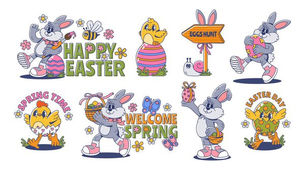 Happy Easter. Cute rabbits, chickens and eggs. Retro groovy Easter elements. Funny bunnies, spring flowers, colorful holiday egg, festive decoration, kids chick. Vector set.
