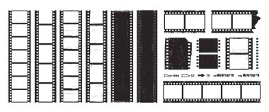 Film şeridi. Grunge film şeritleri. Retro video efekt görüntüleri. Klasik eski sinema makaraları. Klasik fotoğraf kareleri, sıkıntılı doku, çizikler. Vektör seti.