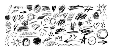 Çizim çizgisi şekilleri. Karalamalar. El çizimi kalem fırçası elementleri, siyah işaret vuruşları, altı çizilmiş çizimler, kalem kalpler, yıldızlar, haçlar. Grevler, girdaplar vektör koleksiyonu.