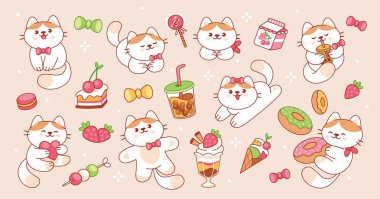 Tatlı kedili tatlı kedi. Çizgi film kawaii kedisi ve tatlıları. Minik kediler, tatlı şeyler, meyve içecekleri ve şeker şekeri, pasta. Kafe için çocuklar ve bej arka planda fırınlar. Vektör seti.