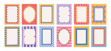 Dalgalı çerçeveler. Doodle dalgası kenarları. Retro Dolce Vita kıvrımlı şekiller, dikdörtgen, oval, dairesel elementler, çerçeve, biçimler. Soyut geometrik posterler. Vektör deseni ayarlandı.