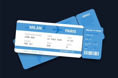 Uçak biletleri. İki bilet. Uçak bileti şablonu. Mavi tasarım, yolcu ve uçuş bilgileri boş. Trip, seyahat, yolculuk izni. Vektör kavramı.