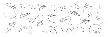 Kağıt uçak. Çizgiler uçuyor. Origami uçak kâğıt uçakları farklı pozisyondalar, çizgiler kesik. Uçuş katlanmış uçak, çocuk oyuncağı. Seyahat, mesaj vektörü konsepti.
