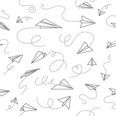 Kağıt düzlem pürüzsüz desen. Origami uçaklarıyla arka plan. Kağıt uçaklar güzergahlarıyla farklı yönlere uçar. Çocuk taşımacılık oyuncağıyla soyut doku. Vektör baskısı.