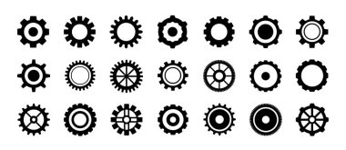 Dişliler. Basit mekanik dişli. Teknoloji vites ayarları simgesi. Mühendislik, makine tekerleği sembolleri. Dairesel ya da dişli şekilli nesneler. Basit bir dişli. Düz steampunk biçim vektör kümesi.