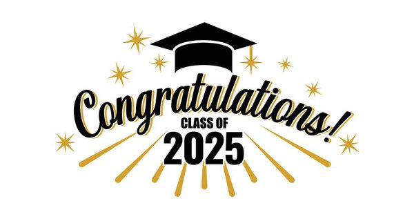 Congratulations class banner. Graduation class of 2025 greeting card with graduation caps, stars, firework, lettering. Getting diploma ceremony vector poster.