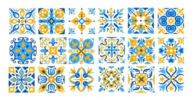 Akdeniz fayans deseni. Geleneksel seramik fayanslar. Portekiz avlu dokusu. İspanyol renkli dekoratif mozaiği. Lisboa iç doku elementleri. Vektör koleksiyonu.