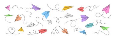 Kağıt uçaklar. Renkli uçan uçaklar. Farklı yönlerde çeşitli kağıt uçak uçuşları. Doodle origami seyahat ve mesaj sembolleri. Kağıt uçak rotası. Vektör koleksiyonu.