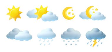 Üç boyutlu hava şartları. Çizgi film gerçekçi tahmin sembolleri. Güneşin, ayın, yıldızın, bulutların, yağmurun, karın, yağmur damlalarının simgelerinin rengini değiştir. Çocukların plastiksi gibi. Web tasarım sezonu işaretleri. Vektör seti.