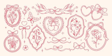 Klasik kurdele çerçevesi. Retro çiçek fiyonkları. El çizimi zarif koket çiçeği, kelebek, kalp, kuş, kiraz elementleri. Davetiye için dekorasyon çerçevesini dekore et. Vektör seti.