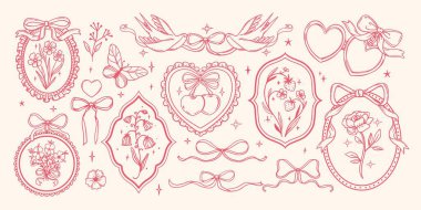 Vintage ribbon frame. Retro floral bows. Hand drawn elegant coquette flower, butterfly, heart, bird, cherry elements. Ornate decor frame for invitation. Vector set. clipart