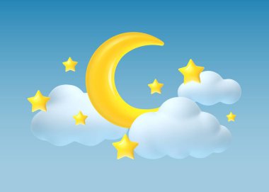 Üç boyutlu ay. Gerçekçi hilal, yıldız ve bulutlar. Mavi bayrak rüya gibi gökyüzü. Güzel gece sembolleri. Yatma vakti. Çocukların uyku sahnesi için göksel unsurlar oluştur. Vektör illüstrasyonu.