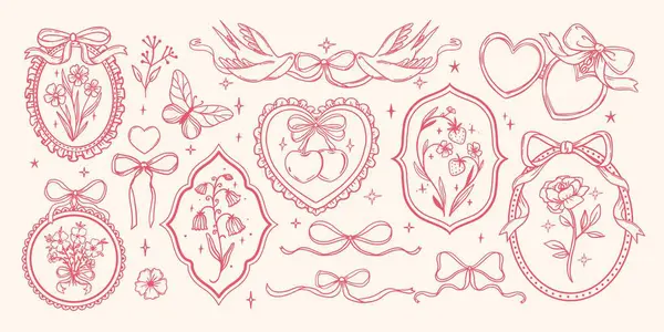 Klasik kurdele çerçevesi. Retro çiçek fiyonkları. El çizimi zarif koket çiçeği, kelebek, kalp, kuş, kiraz elementleri. Davetiye için dekorasyon çerçevesini dekore et. Vektör seti.