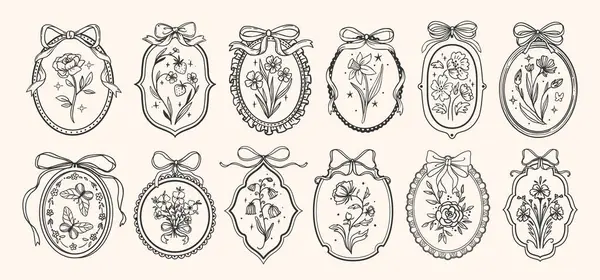 Fiyonklu klasik çerçeve. Çiçekle cinsel ilişki sınırı. Zarif kız unsurları olan el yapımı koquettish kurdele. Retro çiçekler, fiyonklar, çiçek aksesuarları. Vektör dekor ayarlandı.