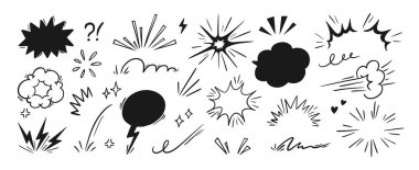 Çizgi roman patlaması. Bomba efektleri. El çizimi eylem çizgileri, dinamik şekil, patlama, konuşma balonu, bulut üfleme, şok etkisi. Çizgi roman çıkartması. Vektör seti.