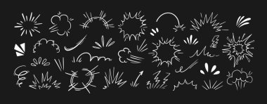 Hat patlayıcı etkisi. Çizgi roman boom, bang bomba patlaması. El çizimi patlama, buhar bulutu, hızlı patlama elementleri, duman, gaz üfleme, sıçrama. Vektör koleksiyonu.