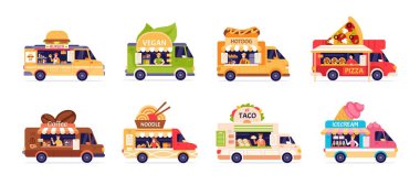 Yemek kamyonu. Seyyar mutfak. Sokak yemeği vagonu. Yemek servisi yapan araçlar, yemek servisi yapan araçlar. Taco, dondurma kamyonları, içki vagonu, hamburger minibüsü. Şehir ve festival mutfağı. Vektör seti.