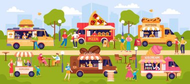 Sokak yemeği festivali. Park yemek kamyonu. İnsanlar abur cubur, yemek, içki, kahve alıp yiyorlar. Mobil kafe ve kamyonlarla adil. Yemek siparişi. Fest pankart vektör illüstrasyonu.