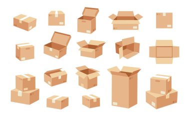 Karton kutular. Çizgi film paketleme kutusu. Çeşitli kahverengi bükülmüş, etiketlenmiş, paketleme, lojistik, teslimat ve taşınma için kutuları açıp kapatmış. Kraft kağıt malzemeleri. Vektör seti.