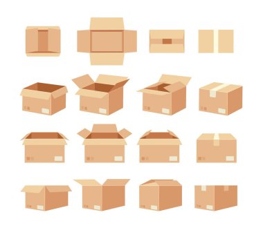 Boş paket kutuları. Karton kutuyu açıp kapadı. Çeşitli pozisyonlarda paket işaretli farklı kahverengi kraft ambalajları. Gemi üstü, ön taraf manzaralı. Vektör koleksiyonu.