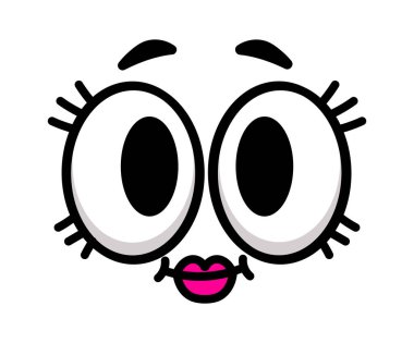 Çizgi film yüzü, geniş açık gözler, kaldırılmış kaşlar, uzun kirpikler ve küçük pembe dudaklar, şaşkınlık ya da şaşkınlık ifade ediyor, beyaz arka planda izole edilmiş.