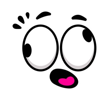 Geniş açık gözleri ve ağzı olan, korku ve şoku ifade eden komik bir çizgi film yüzü. Beyaz arka planda izole edilmiş basit bir vektör çizimi.