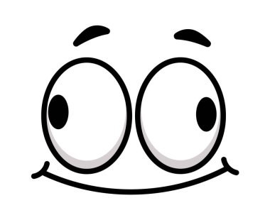 Çizgi film yüzü mutluluk ve neşe saçıyor, büyük, şaşkın gözler ve geniş, güler yüzlü bir ağız, pozitif duygularla dolu neşeli ve anlamlı bir karakter yaratıyor.