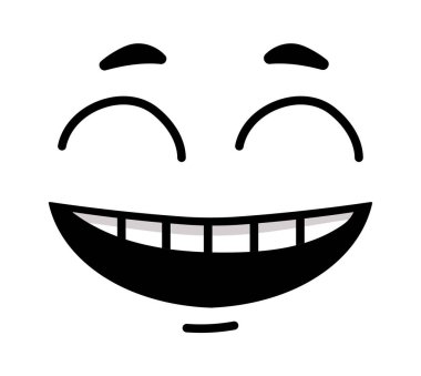 Neşeli bir karikatür yüzü, geniş bir ağız ve parlak bir gülümseme, neşeyle gülerken dişlerini gösteren, saf eğlence ve mutluluk saçan