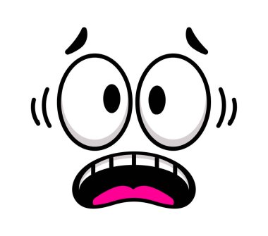 Korku ve şaşkınlık ifade eden çizgi film yüzü, geniş açık göz ve ağız, endişe ve endişe ile titreyen mizahi ve abartılı bir şekilde, komik bir karakter çizimi oluşturan