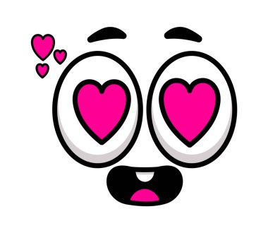 Karikatür yüzlü, kalp şeklinde gözleri ve sevgi ve sevgiyi gösteren ağzı açık bir karikatür karakteri, hayranlık ve romantizmi ifade etmek için mükemmel bir karakter.
