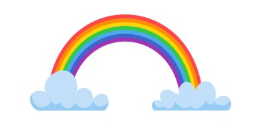 Gökyüzüne yayılan parlak, renkli gökkuşağı, iki kümülüs bulutunu el değmemiş beyaz bir zeminde birleştirerek neşeli ve canlı bir illüstrasyon yaratıyor.