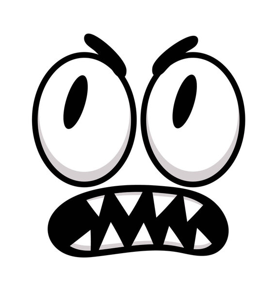 Карикатурное лицо с острыми зубами и широко открытыми глазами, ярко выражающее гнев и ворчание в юмористической манере, изолированное на чистом белом фоне