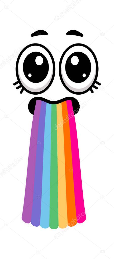 Cartoon face featuring large eyes and long eyelashes, playfully vomiting a vibrant rainbow against a clean white background, creating a whimsical and colorful illustration