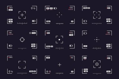 Kamera görüntüleyici ekran. Fotoğraf ve video arayüzü. Mobil kamera dijital ekran, UI UX video elemanları deklanşör düğmesi, akıllı telefon flaş ayarı, zamanlayıcı seçeneği, yakınlaştırma seviyesi. Vektör seti.