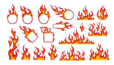 Alev çerçevesi. Yanan sınır etiketleri. Çizgi film, yatay kamp ateşi elementleri, ateş çemberi, oval, kare çerçeveler. Sarı, kırmızı, ateş saçan siluet. Sıcak yanıcı sınır vektörü ayarlandı.