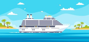 Okyanusta bir gemi turu. Kalemle deniz yolculuğu afişi. Yolcu gemisi suda, mavi gökyüzünde bulutlu palmiyeler olan ada. Turizm yaz tatili. Kavram arkaplanı.