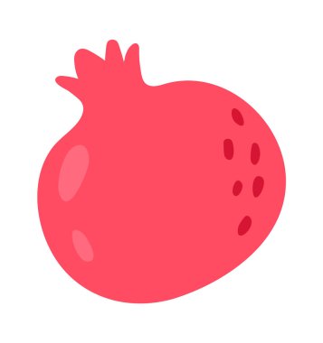 Taçlı bir nar meyvesinin renkli karikatür çizimleri, parlak kırmızı ve pembe derisinden süzülen sulu tohumlar, temiz beyaz bir arkaplan üzerine kurulmuş.