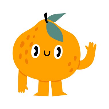 Portakal renkli çizgi film karakteri gülümseyen yüzüyle el sallıyor, beyaz arka planda kollar ve bacaklar, çocuklar için sağlıklı yiyecekler, çocuk kitabı veya eğitimi için komik bir kişilik.