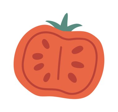 Görünür tohum ve hamurdan oluşan bir domates diliminin el çizimi, yemek illüstrasyonları, tarif kitapları veya mutfak temalı projeler için ideal.