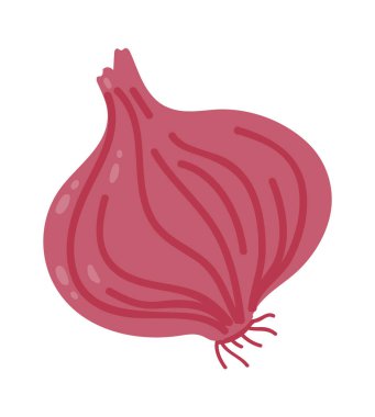 Kırmızı soğanın beyaz bir zemin üzerinde izole edilmiş ve sağlıklı yemek ve taze yemek malzemelerini temsil eden görünür dokusu ve kökleri olan çizgi film çizimi.