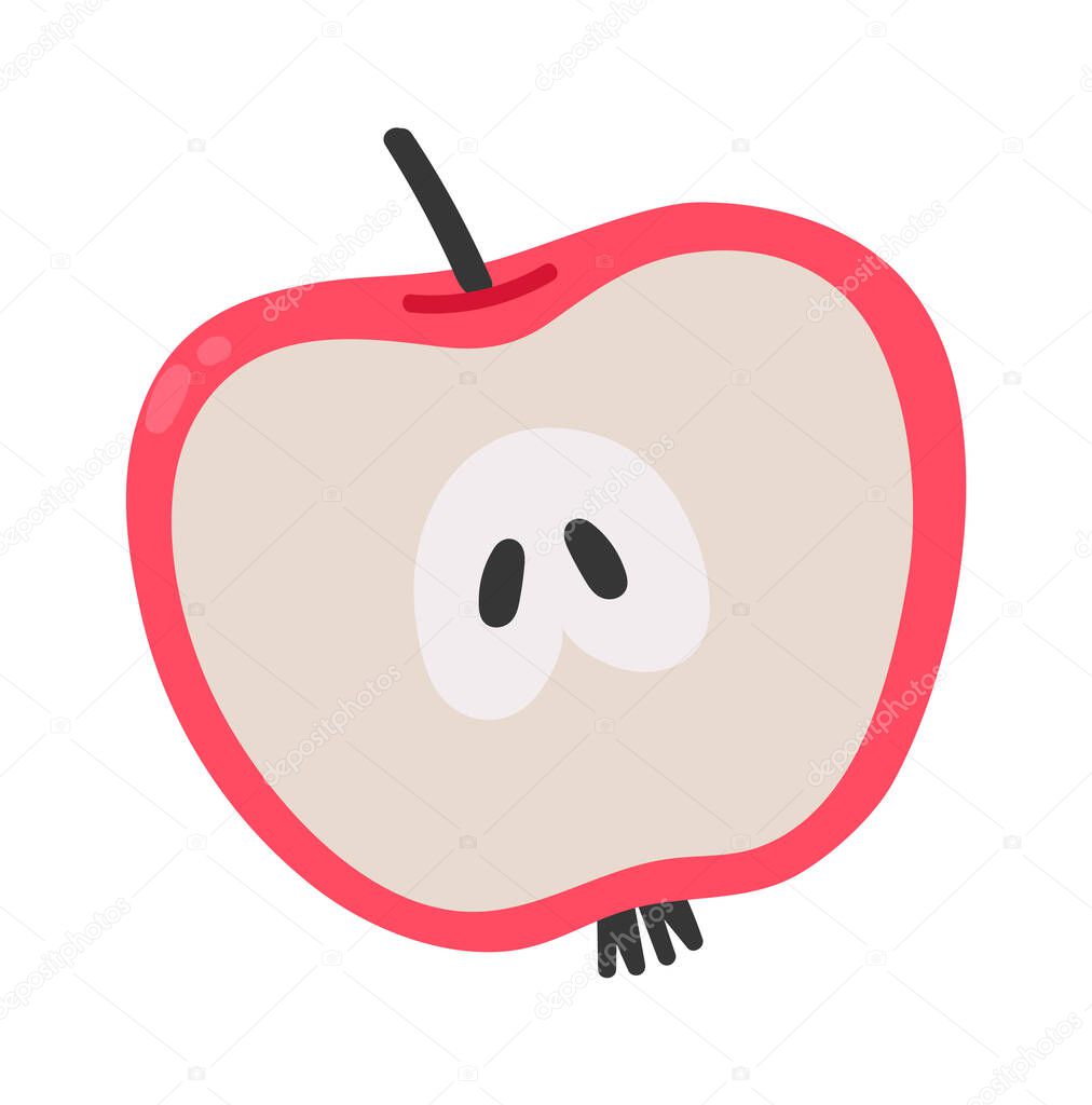 Cartoon drawing of a red apple cut in half, showing seeds and stem, isolated on white background, representing healthy eating habits and freshness
