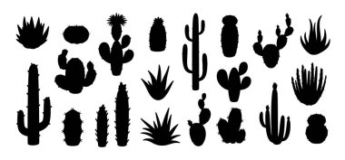 Siyah kaktüs silueti. Çöl bitkisi. Farklı kaktüsler. Batı Kurak Arazi 'de koyu kaktüs ikonu. Doğal çöl bitkisi. Minimalizm botanik ev dekorasyonu sembolleri. Vektör seti.