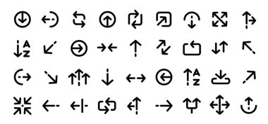 Çizgi okları. Doğrusal ince ok sembolleri. Üçlü ok simgeleri, sol ve sağ ok, yukarı ve aşağı döndür, web, uygulama, UI tasarımı için çift yönlü ok piktogramı. Vektör koleksiyonu.