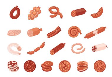 Sosisler. Et ürünleri. Domuz sucuğu sucuklu salam, biftek ızgara yemek, pepperoni, tavuk füme et. Alışveriş, market kasabı ürünü. Oktoberfest festivali. Vektör seti.
