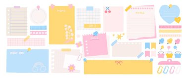 Notlar ve çıkartmalar. Yapışkan kağıtlar. Planlayıcılar, defter organizasyonu kağıt notlar, günlük hedef sayfaları, liste sayfaları, bilgi panosu hatırlatma kasetleri, raptiyeler. Vektör seti.